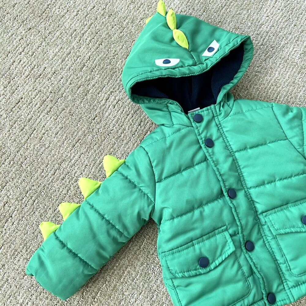 Little Me Green Dinosaur Quilted Puffer Coat W/Hood Size 12 Months - Picture 2 of 7